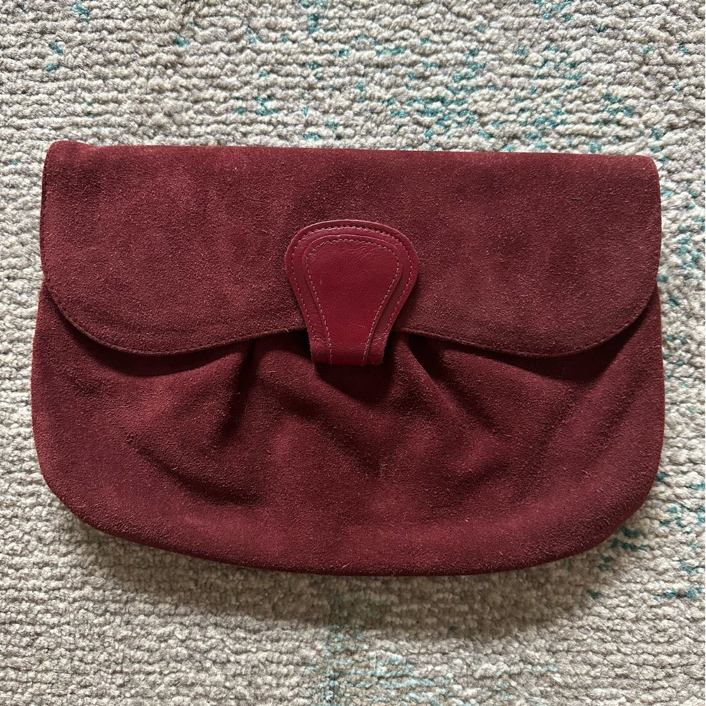 Vintage Burlington Brand Maroon Suede Leather Clutch Purse Snap Closure 1970's